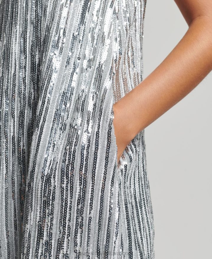 Superdry Sleeveless Sequin A Line Mini Dress Silver Women