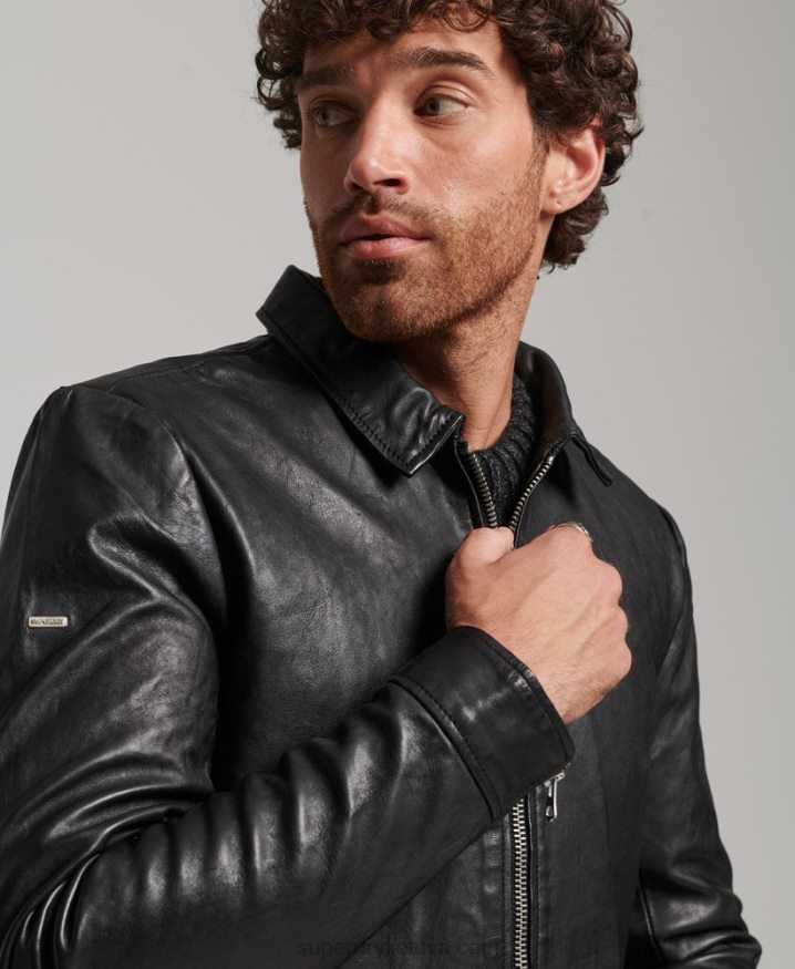 Superdry Slim Fit Coach Leather Jacket Black Men