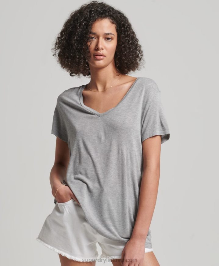 Superdry Slub V-Neck T-Shirt Grey Women