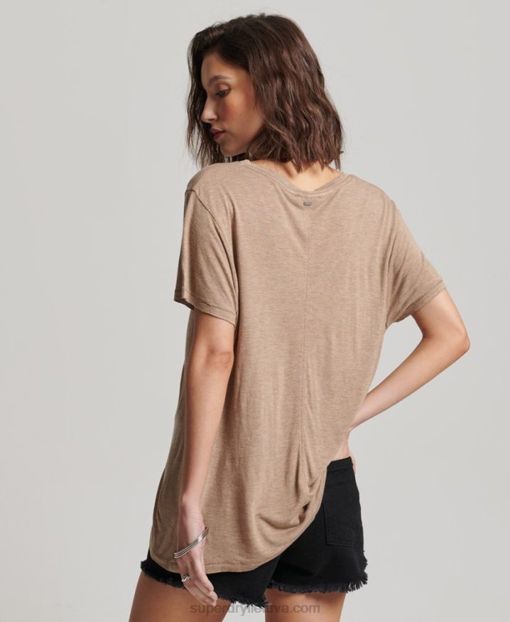 Superdry Slub V-Neck T-Shirt Tan Women