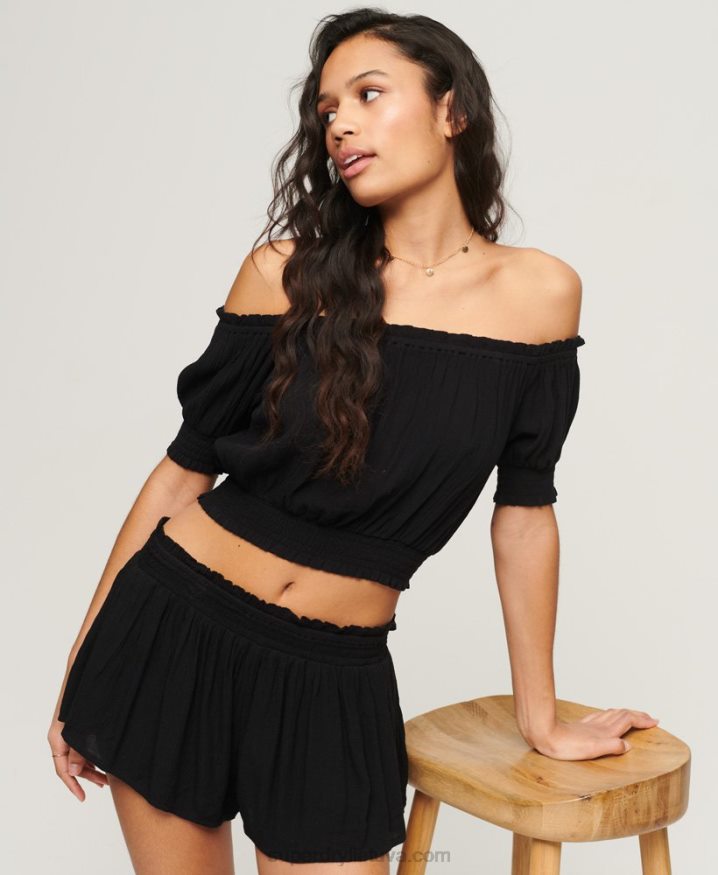 Superdry Smocked Short Sleeve Crop Top Black Women