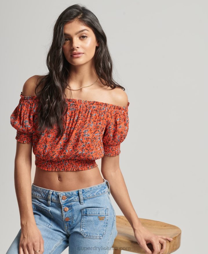 Superdry Smocked Short Sleeve Crop Top Orange Women