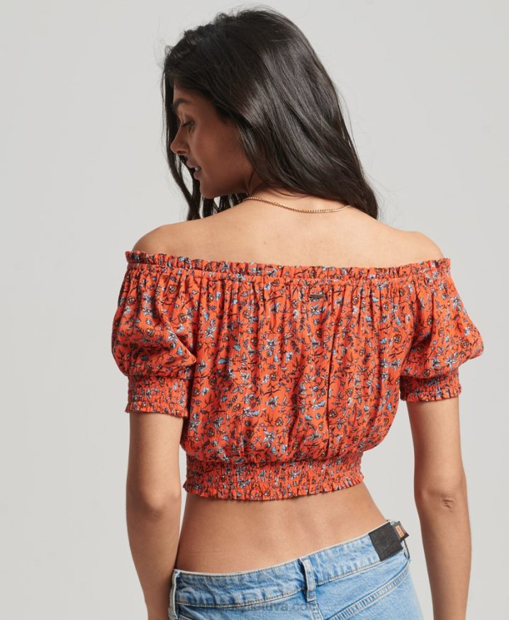 Superdry Smocked Short Sleeve Crop Top Orange Women