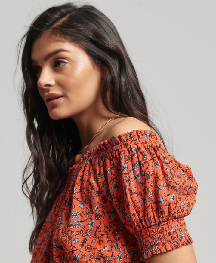 Superdry Smocked Short Sleeve Crop Top Orange Women