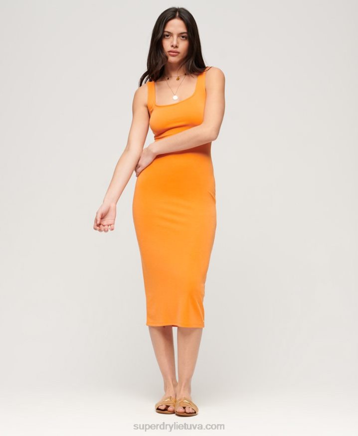 Superdry Square Neck Jersey Midi Dress Orange Women