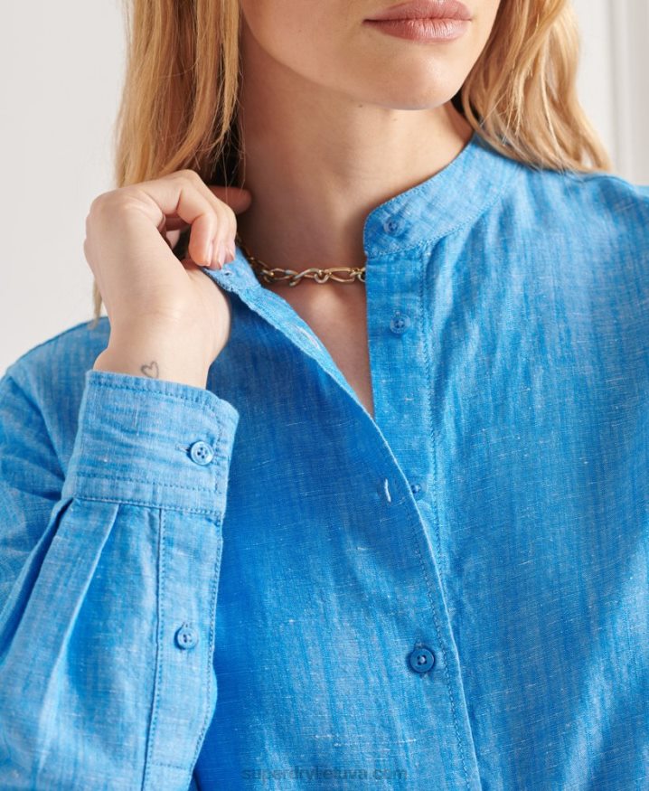 Superdry Studios Linen Grandad Shirt Blue Women