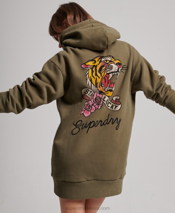 Superdry Tattoo Hoodie Sweat Dress Green Women