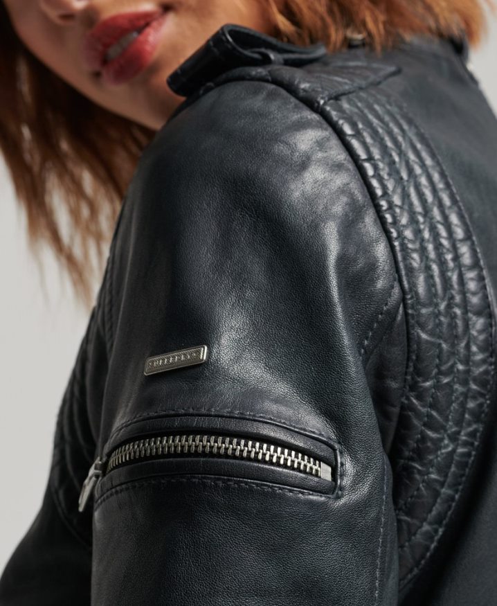 Superdry Vintage Leather Moto Racer Jacket Dark Grey Women