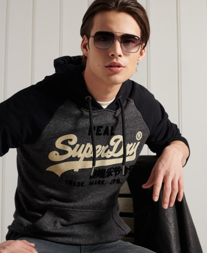 Superdry Vintage Logo Duo Raglan Loopback Hoodie Dark Grey Men