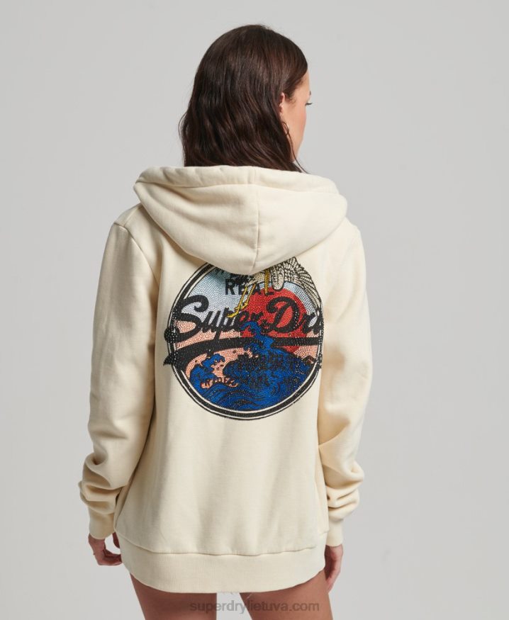 Superdry Vintage Logo Embellished Zip Hoodie Cream Women