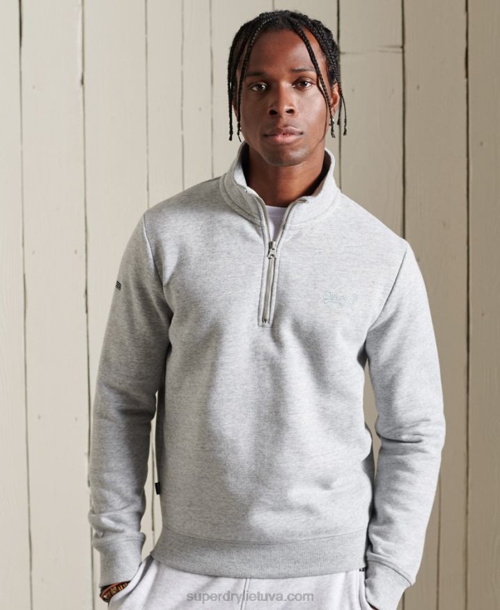 Superdry Vintage Logo Embroidered Zip Henley Sweatshirt Grey Men