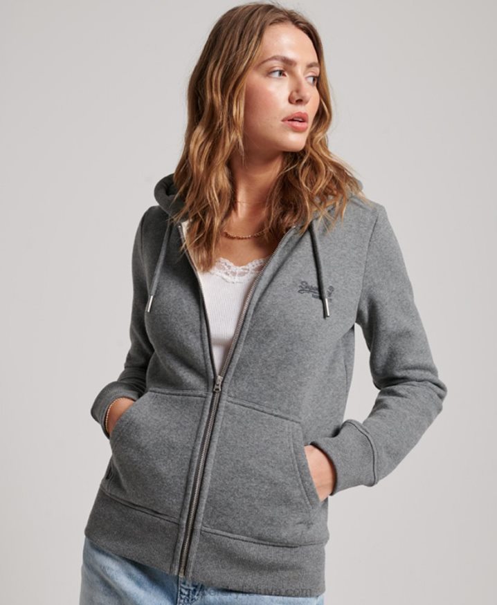 Superdry Vintage Logo Embroidered Zip Hoodie Grey Women