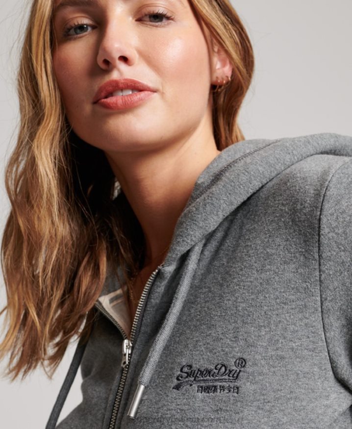 Superdry Vintage Logo Embroidered Zip Hoodie Grey Women