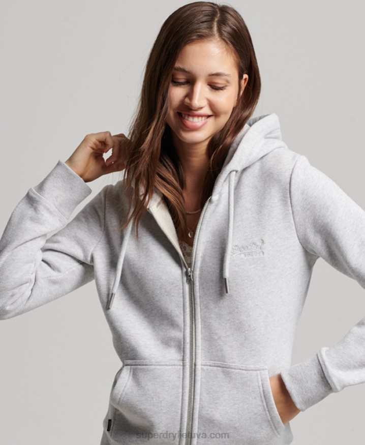 Superdry Vintage Logo Embroidered Zip Hoodie Light Grey Women