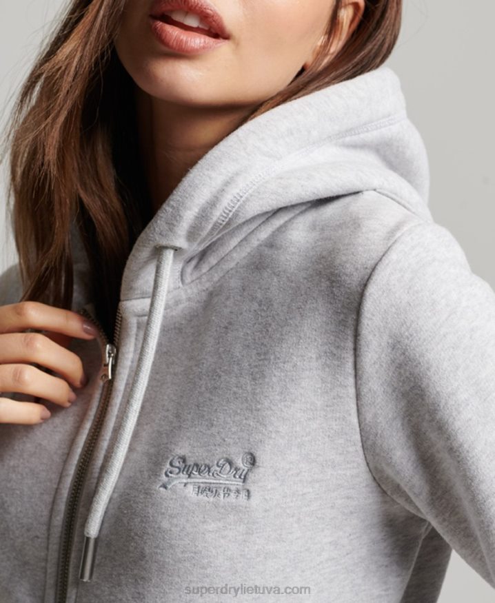 Superdry Vintage Logo Embroidered Zip Hoodie Light Grey Women