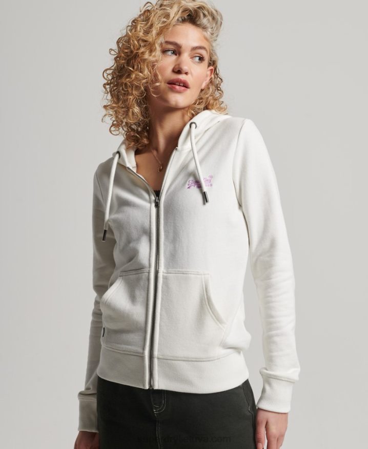 Superdry Vintage Logo Embroidered Zip Hoodie White Women