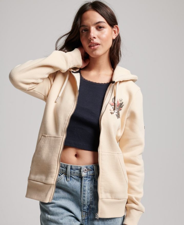 Superdry Vintage Logo Narrative Zip Hoodie Cream Women