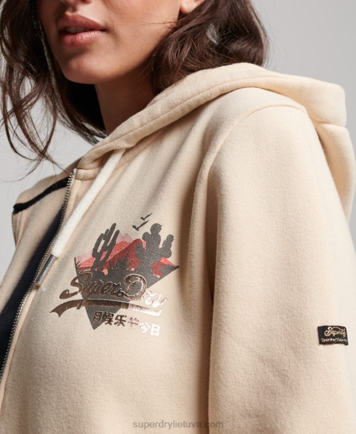 Superdry Vintage Logo Narrative Zip Hoodie Cream Women