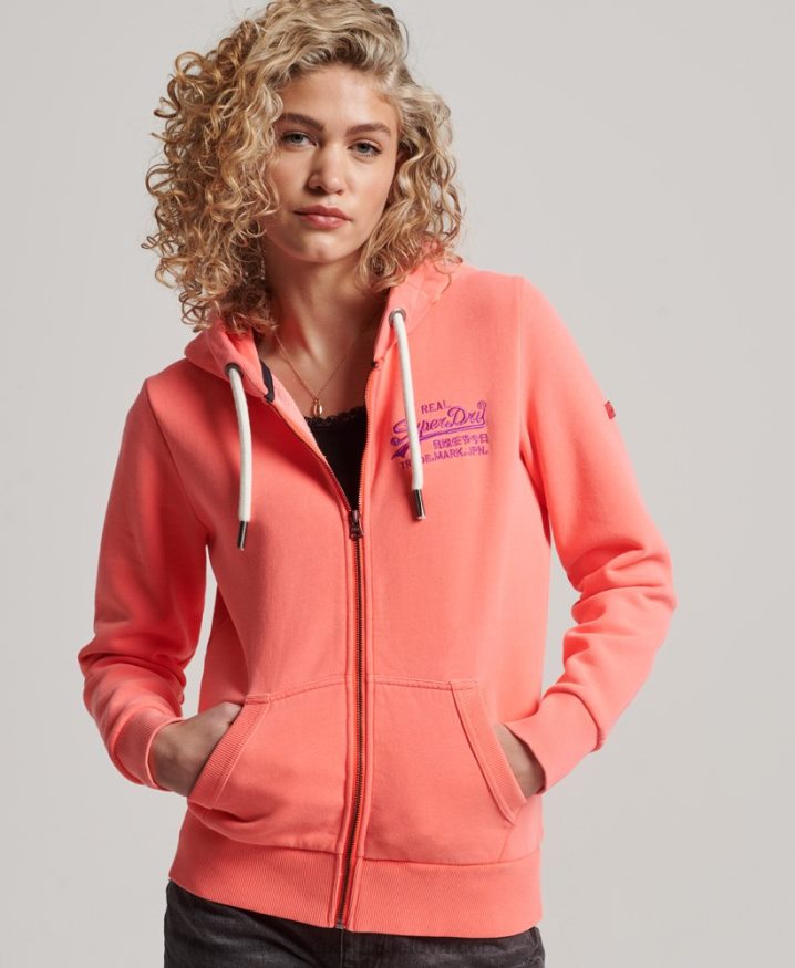 Superdry Vintage Logo Neon Zip Hoodie Coral Women