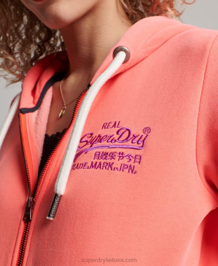 Superdry Vintage Logo Neon Zip Hoodie Coral Women