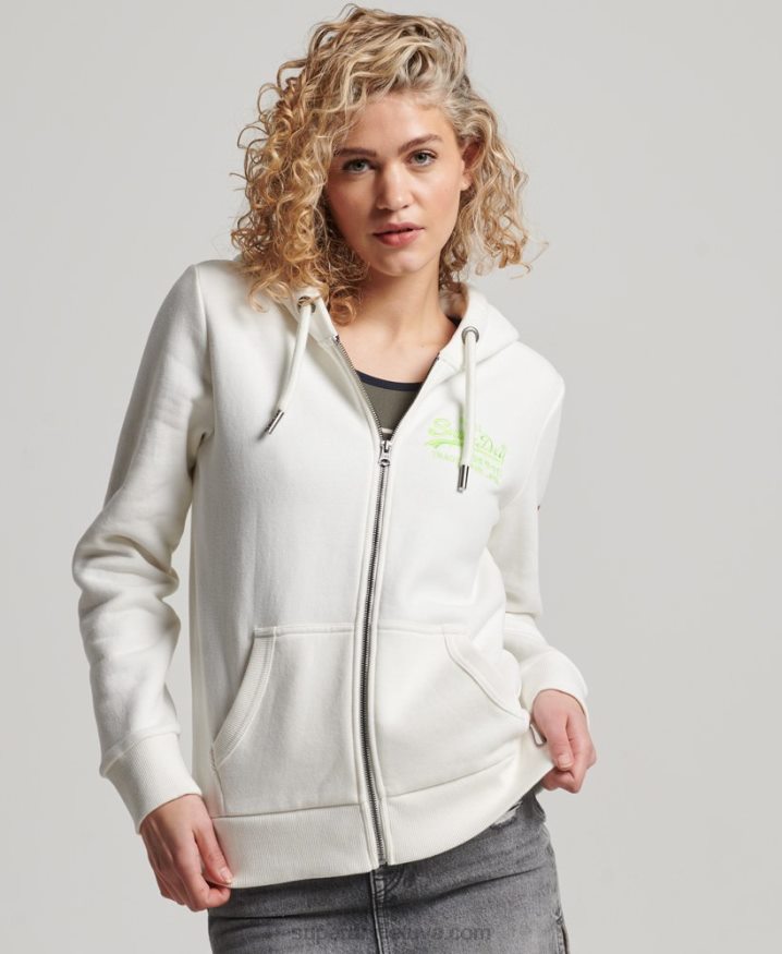 Superdry Vintage Logo Neon Zip Hoodie Cream Women