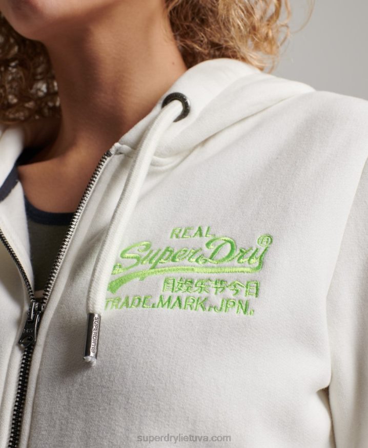 Superdry Vintage Logo Neon Zip Hoodie Cream Women