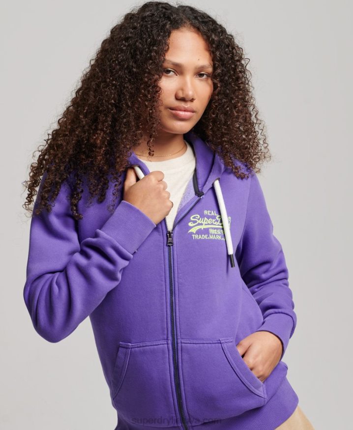 Superdry Vintage Logo Neon Zip Hoodie Purple Women