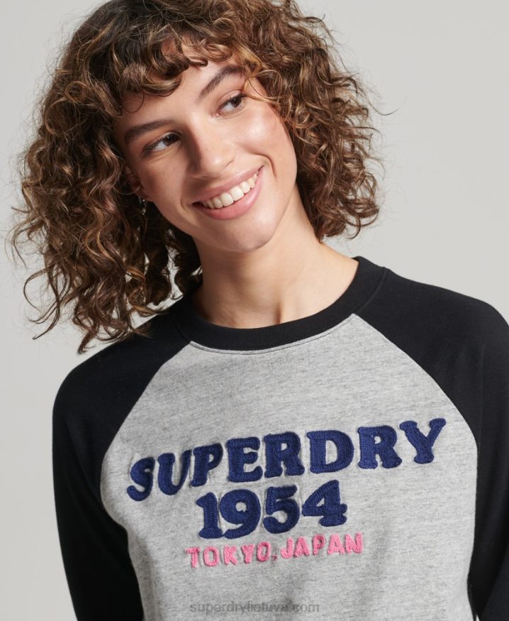 Superdry Vintage Logo Raglan Long Sleeve Top Grey Women