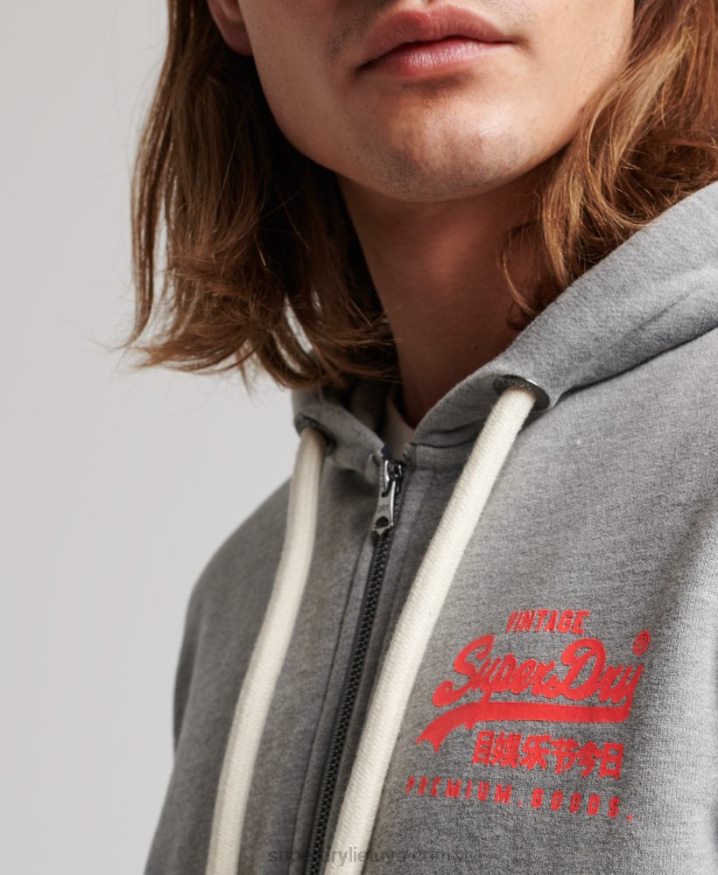 Superdry Vintage Logo Unbrushed Neon Zip Hoodie Grey Men