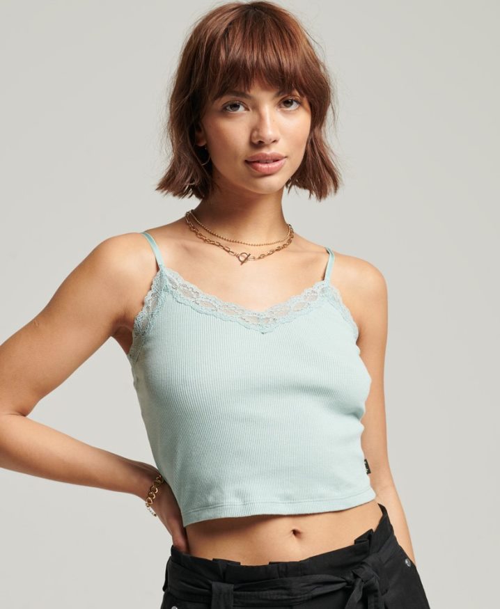 Superdry Vintage Mini Rib Lace Cami Top Blue Women