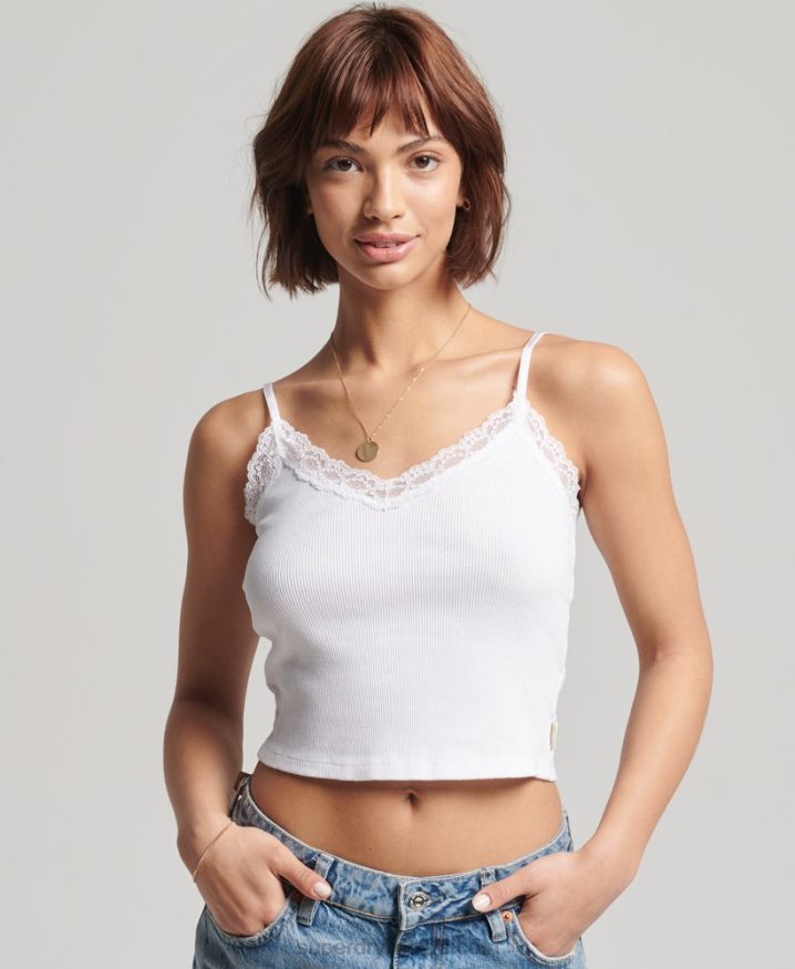 Superdry Vintage Mini Rib Lace Cami Top White Women