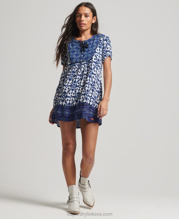 Superdry Vintage Notch Neck Mini Dress Blue Women