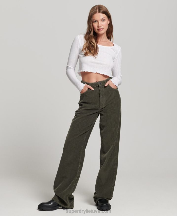 Superdry Vintage Wide Leg Cord Trousers Khaki Women