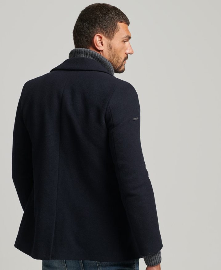 Superdry Wool Blend Short Pea Coat Navy Men