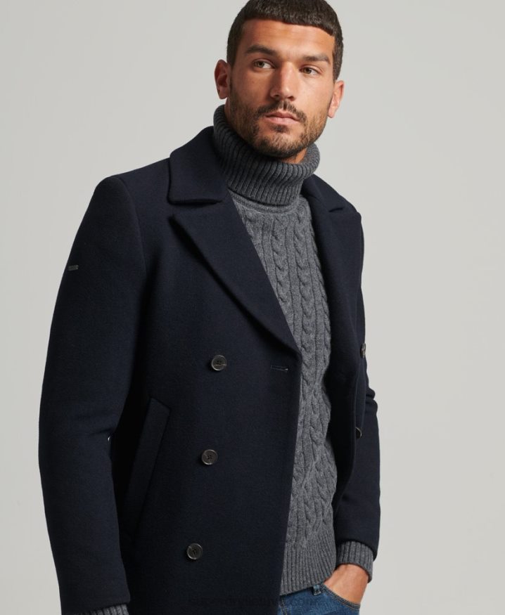 Superdry Wool Blend Short Pea Coat Navy Men