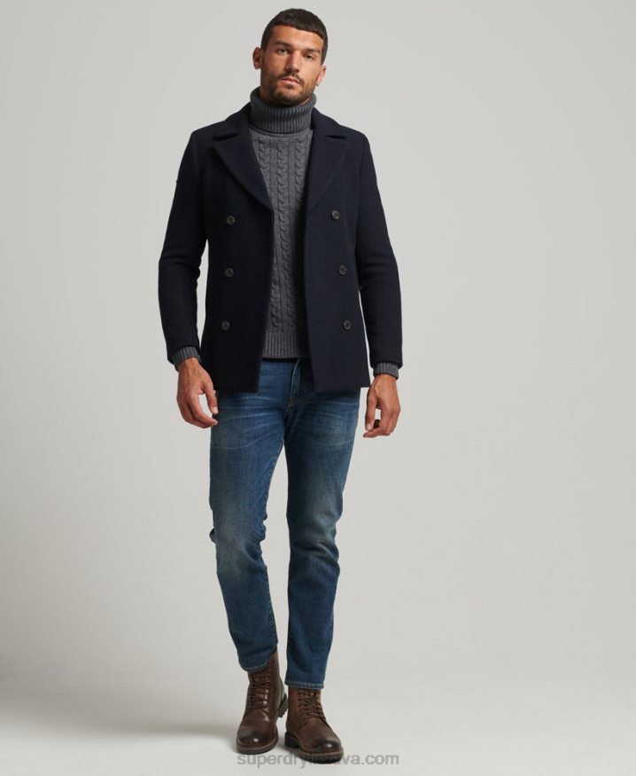 Superdry Wool Blend Short Pea Coat Navy Men