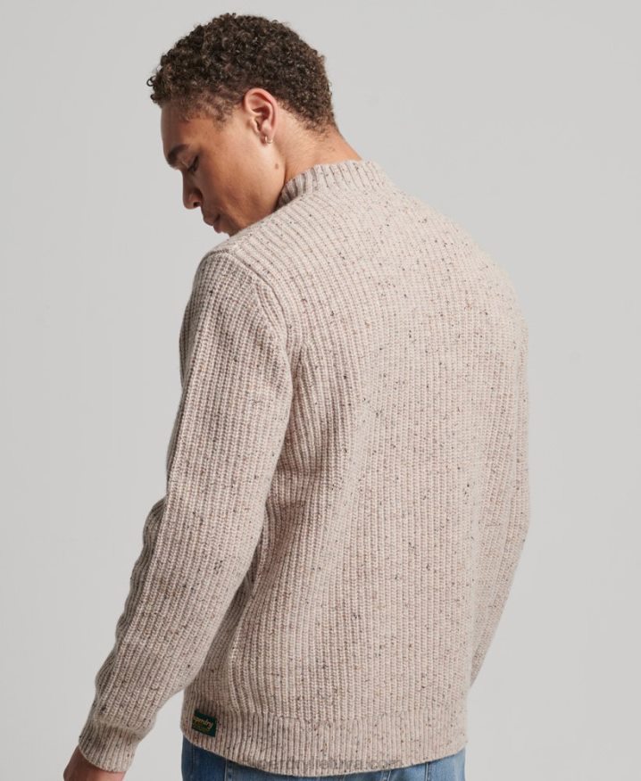 Superdry Wool Blend Tweed Mock Neck Jumper Beige Men