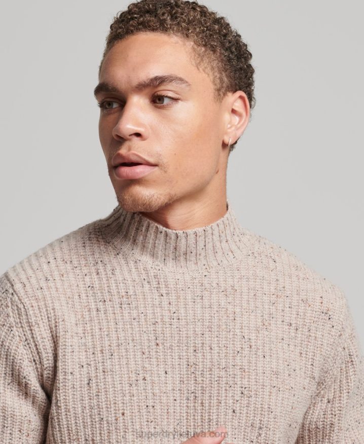 Superdry Wool Blend Tweed Mock Neck Jumper Beige Men