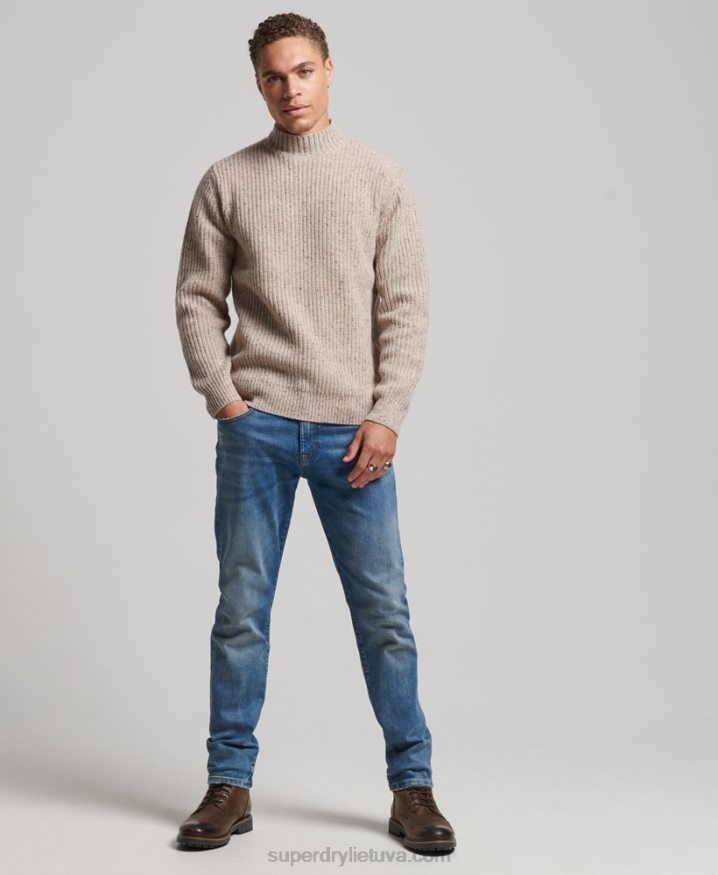 Superdry Wool Blend Tweed Mock Neck Jumper Beige Men