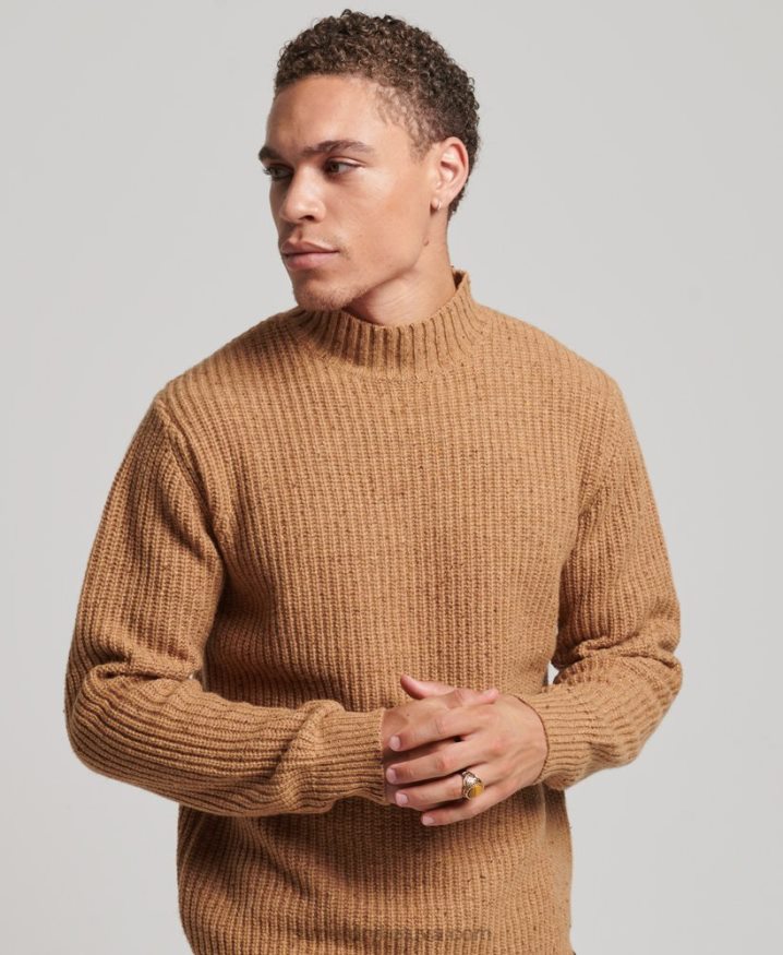 Superdry Wool Blend Tweed Mock Neck Jumper Brown Men