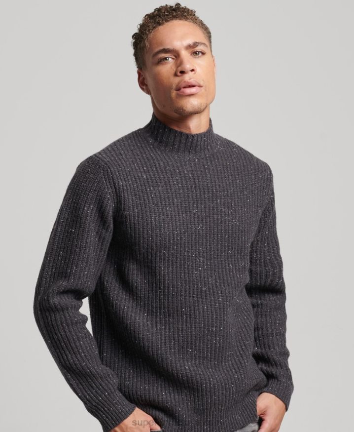 Superdry Wool Blend Tweed Mock Neck Jumper Dark Grey Men