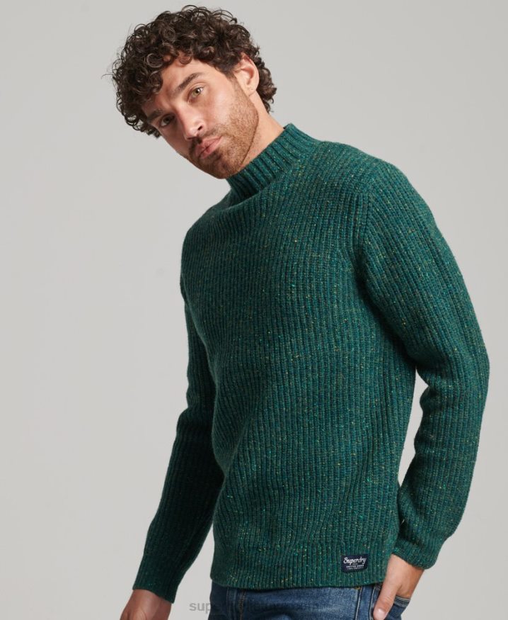 Superdry Wool Blend Tweed Mock Neck Jumper Green Men