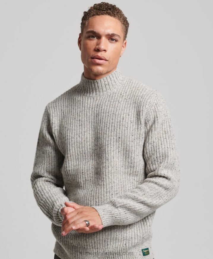 Superdry Wool Blend Tweed Mock Neck Jumper Grey Men