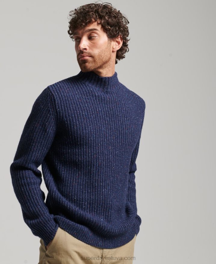 Superdry Wool Blend Tweed Mock Neck Jumper Navy Men