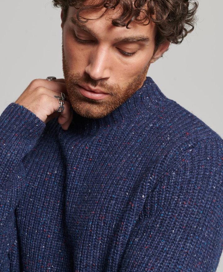 Superdry Wool Blend Tweed Mock Neck Jumper Navy Men