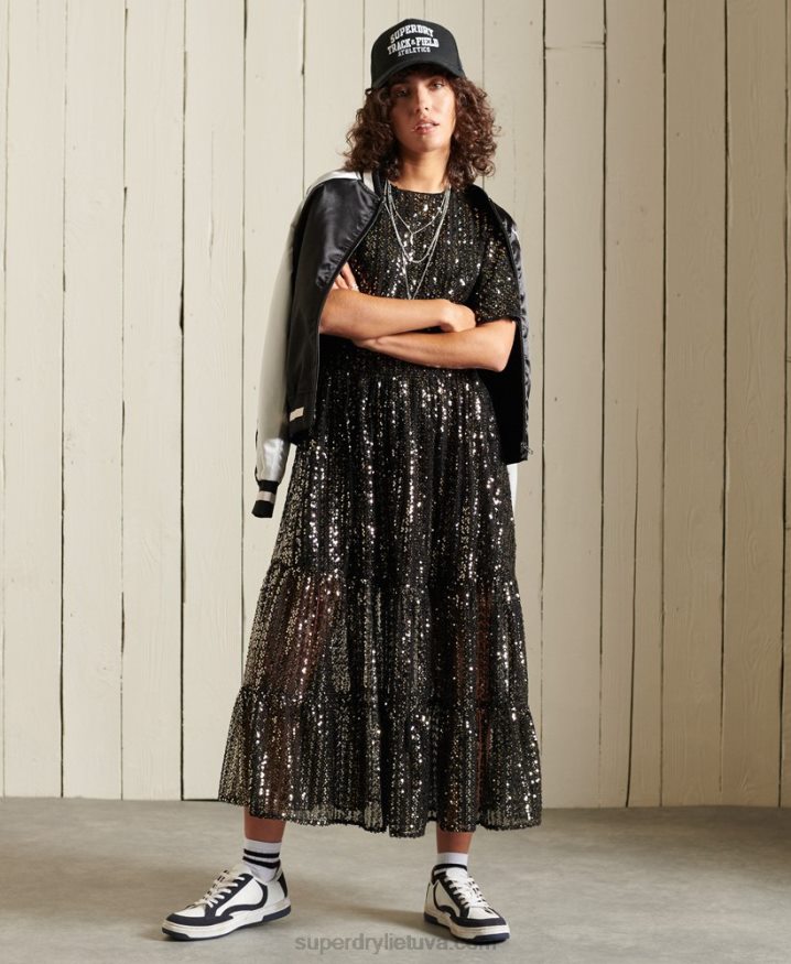 Superdry Woven Short Sleeve Sequined Midi Dress Black Women