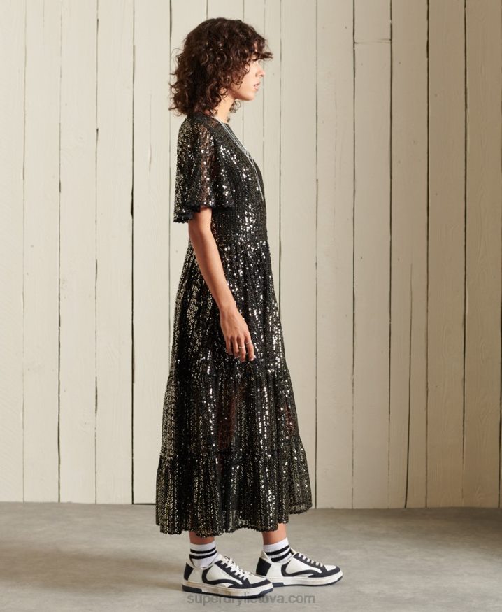 Superdry Woven Short Sleeve Sequined Midi Dress Black Women