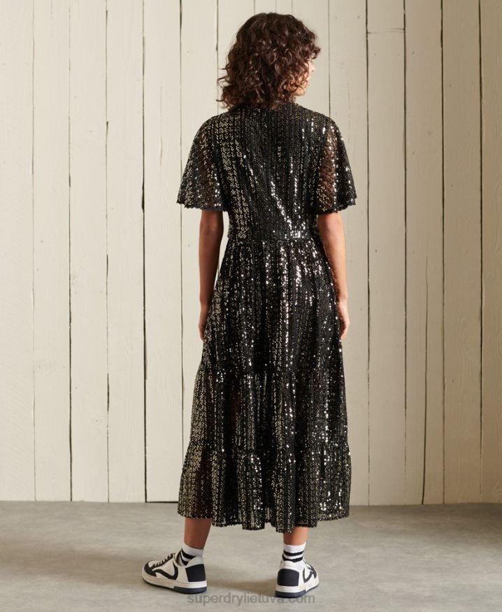 Superdry Woven Short Sleeve Sequined Midi Dress Black Women