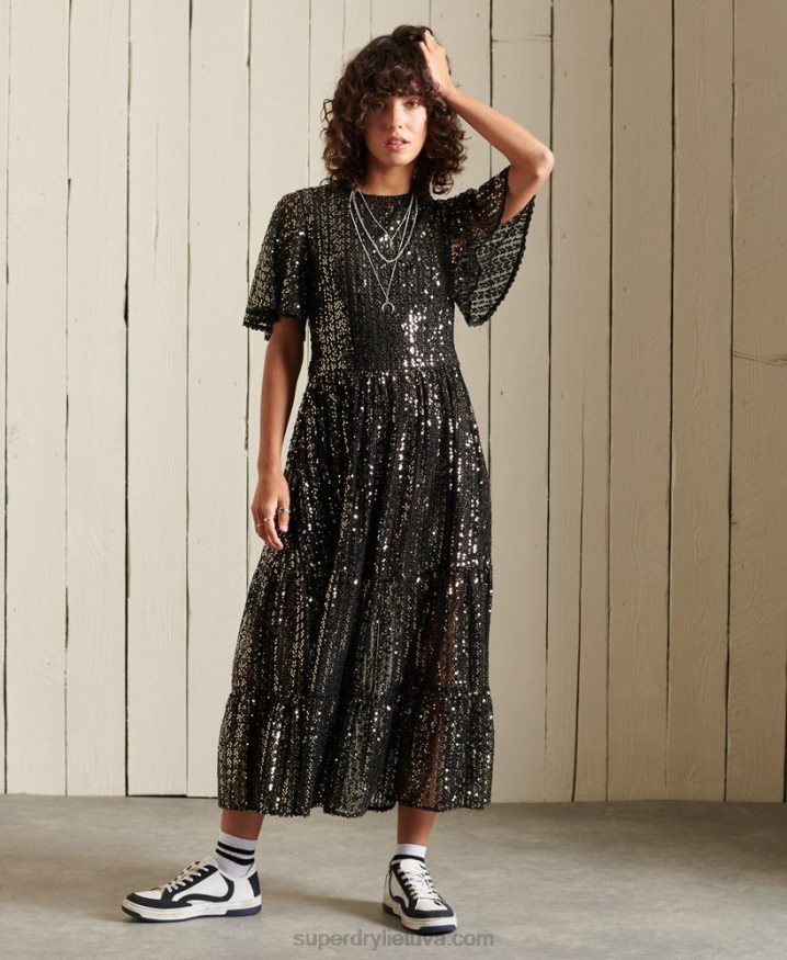 Superdry Woven Short Sleeve Sequined Midi Dress Black Women