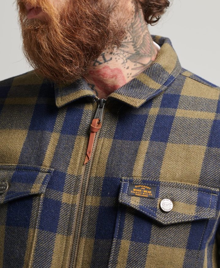 Superdry Zip Through Borg Lined Wool Check Overshirt Green Men